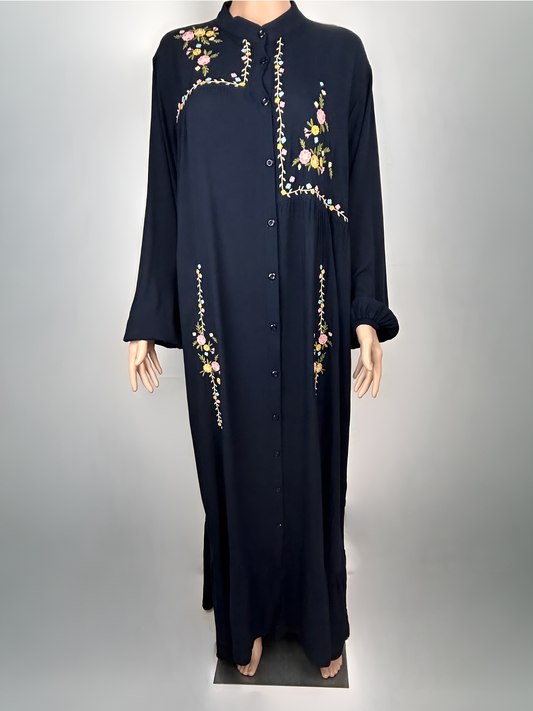 Classic Navy Embroidered Long Dress